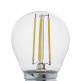 Close-up of a clear glass E27 golf ball LED bulb with four vertical warm white filaments, 4W, 470lm, shown on a plain white background.
