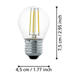 Clear LED golf ball bulb, G45 shape with visible upright filaments, E27 screw cap, shown on white background with dimensions 7.5cm x 4.5cm labelled.