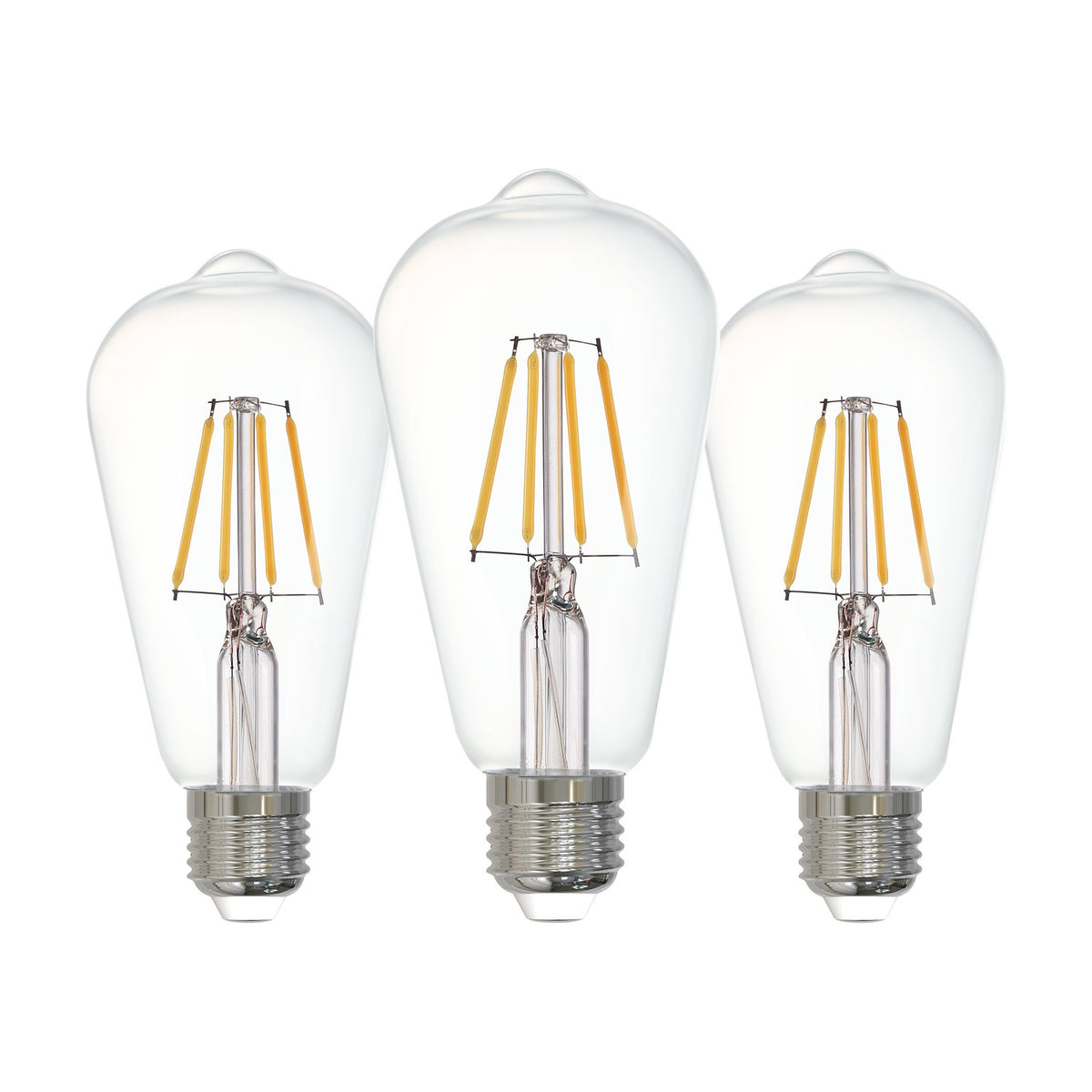 Three clear glass LED vintage teardrop bulbs with visible straight filaments and E27 screw caps, shown upright on a plain white background.