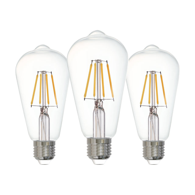Three clear glass LED vintage teardrop bulbs with visible straight filaments and E27 screw caps, shown upright on a plain white background.