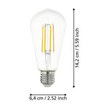 Clear LED Vintage Bulb E27 ST64, teardrop-shaped glass with four upright filaments and silver screw cap, shown with dimension labels 14.2cm long and 6.4cm wide on a white background.
