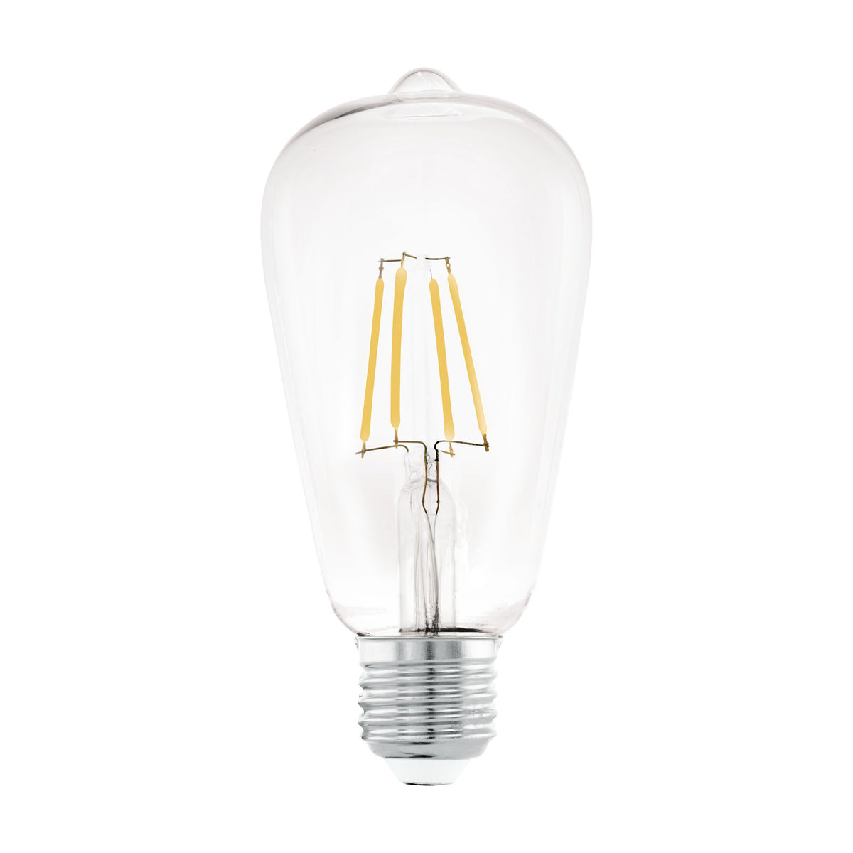 Clear LED Vintage Bulb E27 ST64, teardrop-shaped glass with four upright filaments and a silver screw cap, 7W warm white, shown on a plain white background.