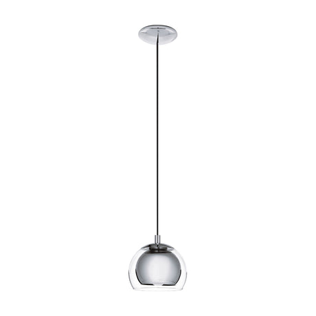 Clenette single-light pendant with a clear glass dome shade over a mirrored chrome inner globe, chrome steel body and round ceiling rose, shown on a white background.