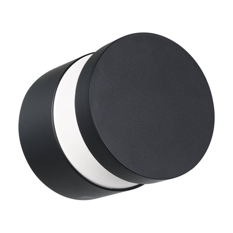 Clerbora LED Outdoor Wall Light in black, a round cast aluminium cylinder with a white plastic diffuser band and round front disc, shown on a plain white background.