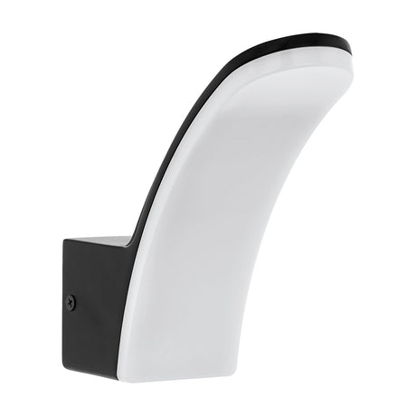 Clesmane LED Outdoor Wall Light in black, with a curved black aluminium arm rising into a white plastic diffuser, mounted on a square wall box, shown on a plain white background.