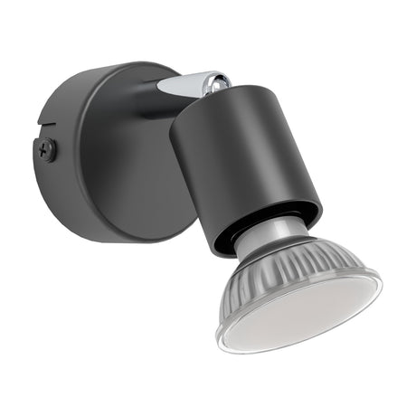 Clinvessa wall light with round black backplate, chrome swivel joint, and black cylindrical spot head holding a GU10 bulb, shown on a plain white background.