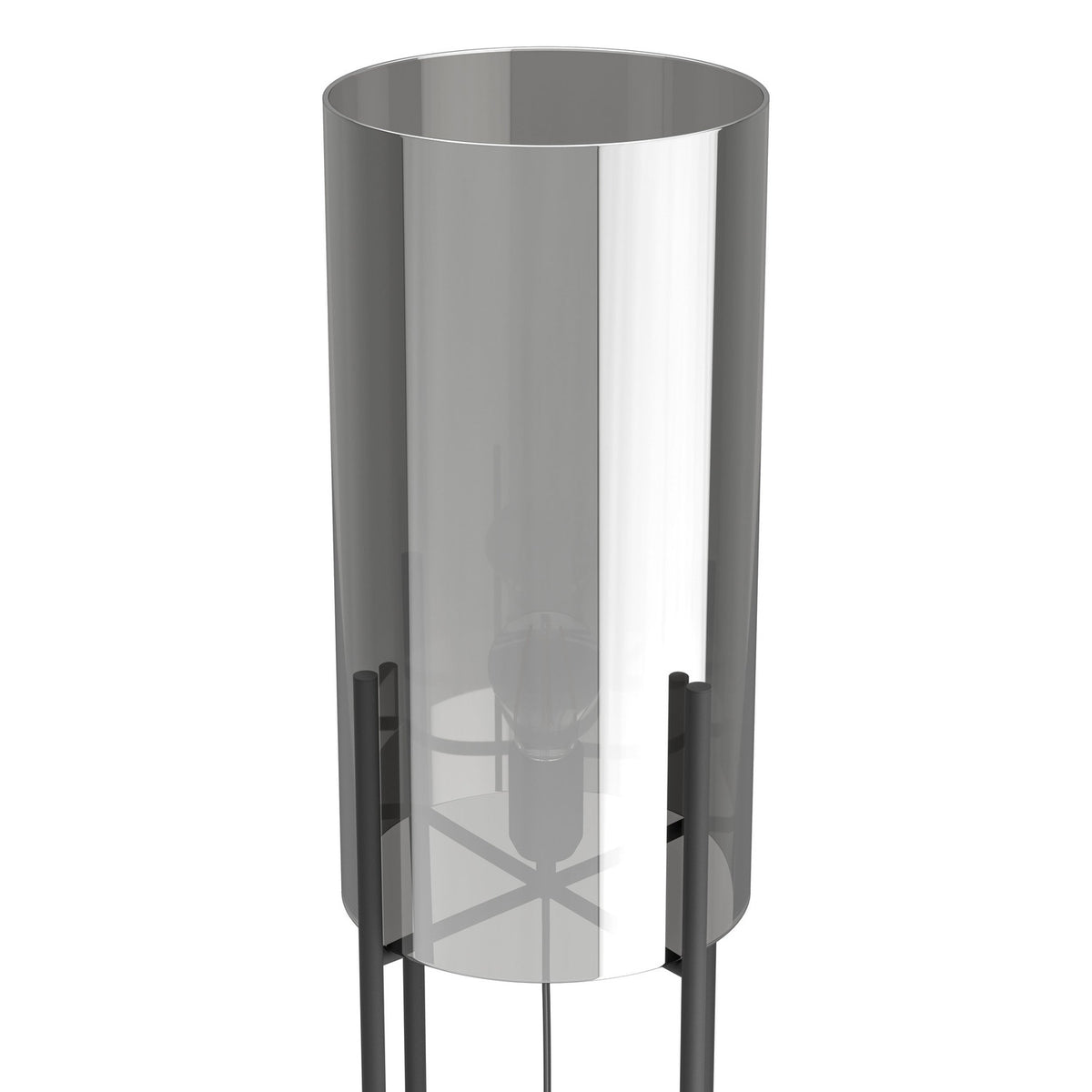 Clisvelle Floor Lamp in black steel, close-up on the cylindrical vaporised glass shade with black-transparent tone and slender support rods, shown on a white background.