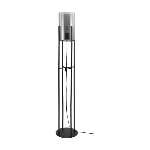 Clisvelle Floor Lamp in black steel with a tall four-rod frame, round base, and cylindrical black-transparent glass shade, shown on a plain white background.