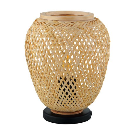 Clivorne Table Lamp in Black with a rounded open-weave natural wood shade, smooth wooden collar ring, round black steel base, and visible E27 bulb, shown on a plain white background.