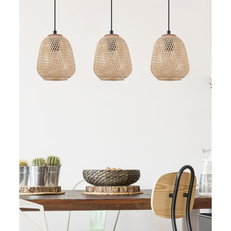 Clivorne Wooden Linear Pendant Light in Black, showing three woven wood dome shades on black cords from a black ceiling bar, hung above a dining table.