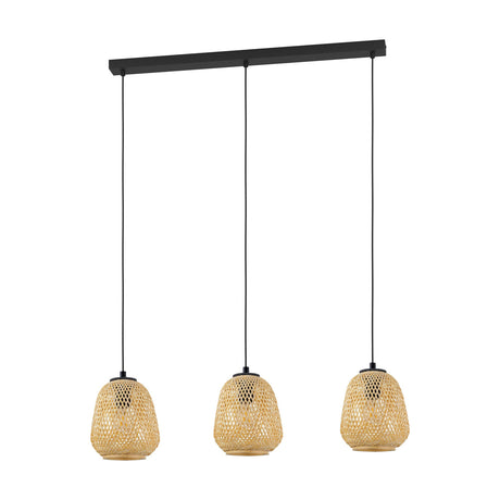 Clivorne Wooden Linear Pendant Light featuring a black steel ceiling bar with three woven wood dome shades on black cords, each with a black cap and tan base ring, shown on a white background.