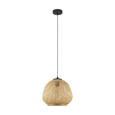 Clivorne Wooden Pendant Light in Black, a single-light fixture with a rounded, woven natural wood shade suspended from a slim black cable and black ceiling canopy, shown on a plain white background.