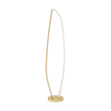 Clomelle LED Floor Lamp in brushed brass, a tall open leaf-shaped loop with integrated white diffuser on a round disc base, shown on a plain white background.