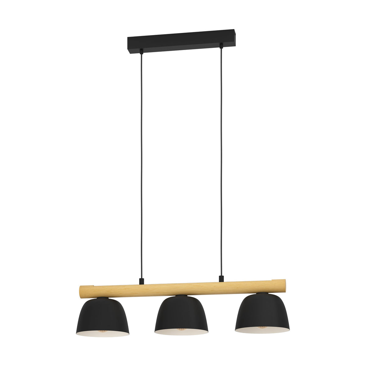 Clomenne Linear Pendant Light featuring three black dome shades on a wood-toned bar, suspended by black cords from a black ceiling canopy, shown on a plain white background.