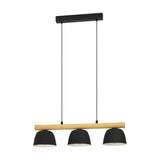 Clomenne Linear Pendant Light featuring three black dome shades on a wood-toned bar, suspended by black cords from a black ceiling canopy, shown on a plain white background.