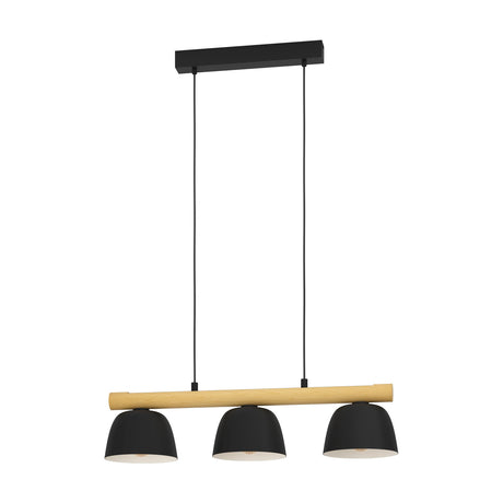 Clomenne Linear Pendant Light featuring three black dome shades on a wood-toned bar, suspended by black cords from a black ceiling canopy, shown on a plain white background.