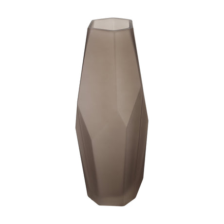 Clonony Glass Vase 30cm, a tall faceted vase in frosted smoky taupe glass with angled geometric planes and a narrow hexagonal opening, shown on a plain white background.