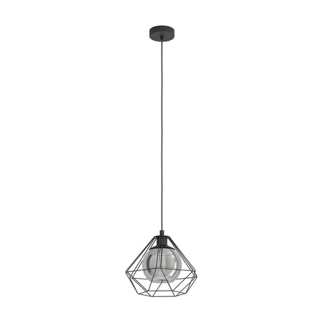 Clorbelle pendant light with a black steel wire cage and smoked glass globe, 32.5cm wide, suspended on a black cord against a plain white background.