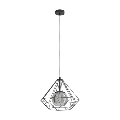 Clorbelle Smoked Glass Pendant Light in black, with a diamond-shaped steel wire cage surrounding a smoked glass globe, suspended on a black cord against a plain white background.