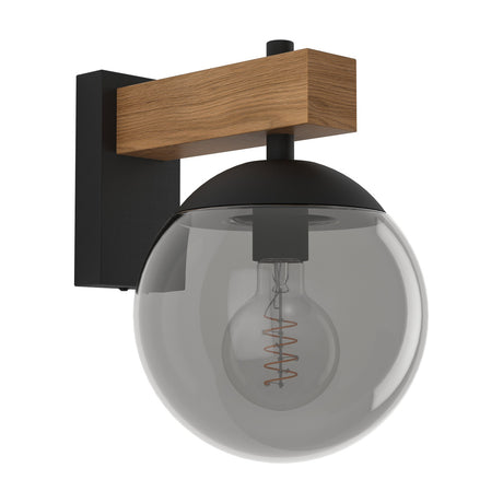 Cloressa outdoor wall light with black steel backplate, wood-effect brown arm, black cap and smoked glass globe shade housing an exposed E27 bulb, shown on a white background.