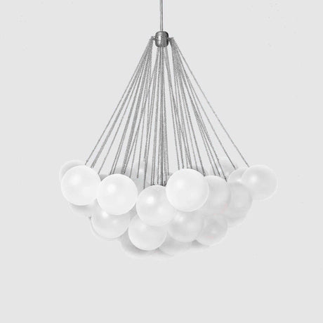 The Orb 17 Light Cluster Suspension - Silver features multiple frosted glass spheres elegantly suspended by metal cables from a central point, all against a plain light gray background.