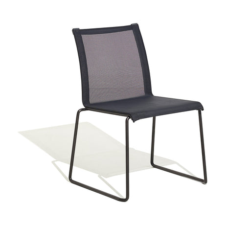 Club Aluminium Stacking Garden Chair with a slim sled base in dark anthracite finish and taut navy Vinytex sling seat and back, shown on a plain white background.