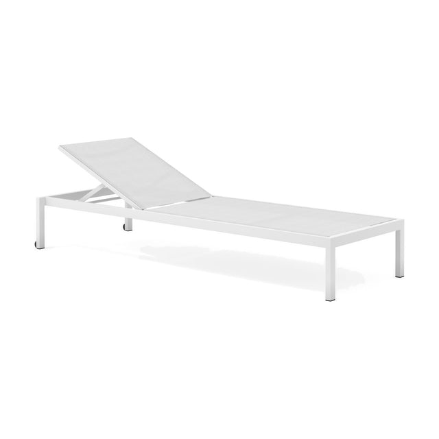 Club Aluminium Sun Lounger with adjustable white mesh sling seat, low aluminium frame, and rear wheels, shown on a plain white background.