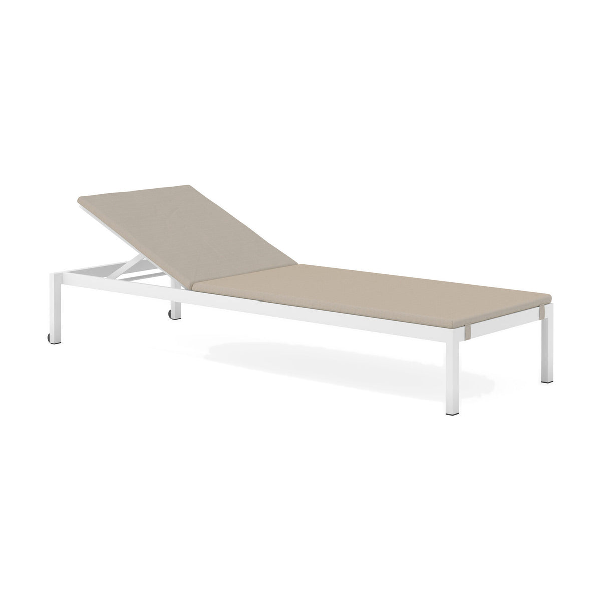 Club Aluminium Sun Lounger with wheels, white frame and adjustable beige Vinytex sling seat and backrest, shown on a plain white background.