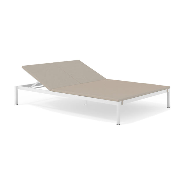 Club Double Sun Lounger Cushion Set with beige fabric seat pad and adjustable split backrest pads on a white metal frame, shown against a plain white background.