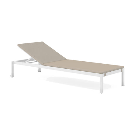 Club Sun Lounger Cushion Set in beige fabric, fitted to a white aluminium frame with wheels and adjustable backrest, shown on a plain white background.