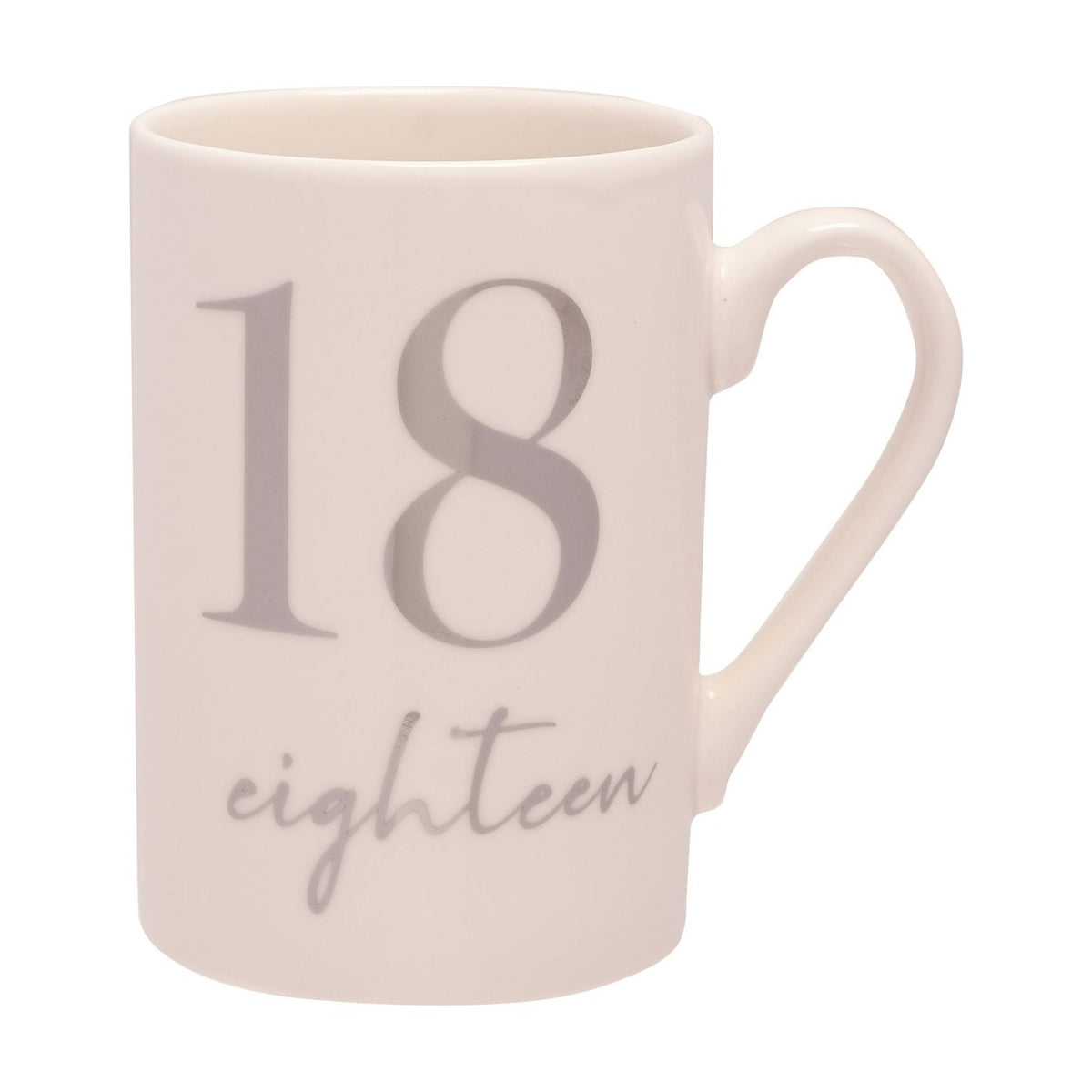 White ceramic 11oz mug with C-shaped handle, featuring a large silver foil "18" and "eighteen" in script lettering, shown on a plain white background.