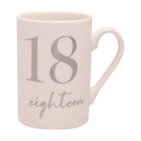 White ceramic 11oz mug with C-shaped handle, featuring a large silver foil "18" and "eighteen" in script lettering, shown on a plain white background.