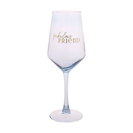 Light blue wine glass with a wide angled bowl, slim stem, and round foot, featuring "fabulous FRIEND" in gold lettering, shown against a plain white background.