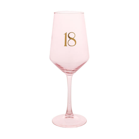 Pink glass wine glass with a bold gold "18" printed on the bowl, featuring a slim stem and round foot, shown against a plain white background.