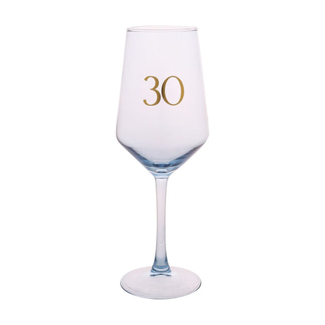 Light blue wine glass with a tapered bowl, slim stem and round foot, featuring a gold "30" numeral on the front, set against a plain white background.