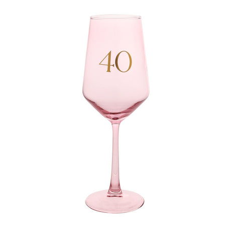 Pink stemmed wine glass with a tall tapered bowl, slender stem, round foot, and "40" printed in gold on the front, shown against a plain white background.
