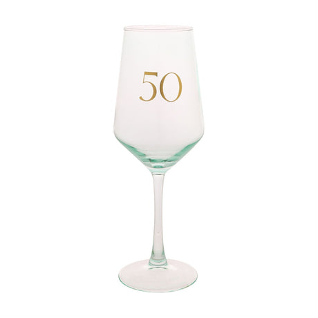 Stemmed wine glass with pale green tint, gold "50" printed below the rim, slim stem and round foot, shown on a plain white background.