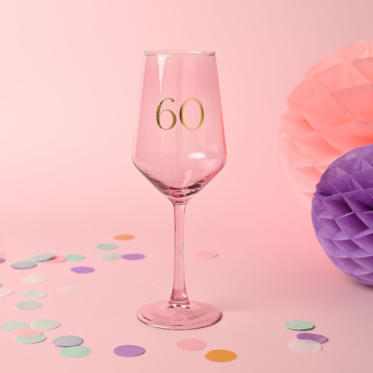 Printed 60 Long Stem Birthday Wine Glass - Pink & Gold