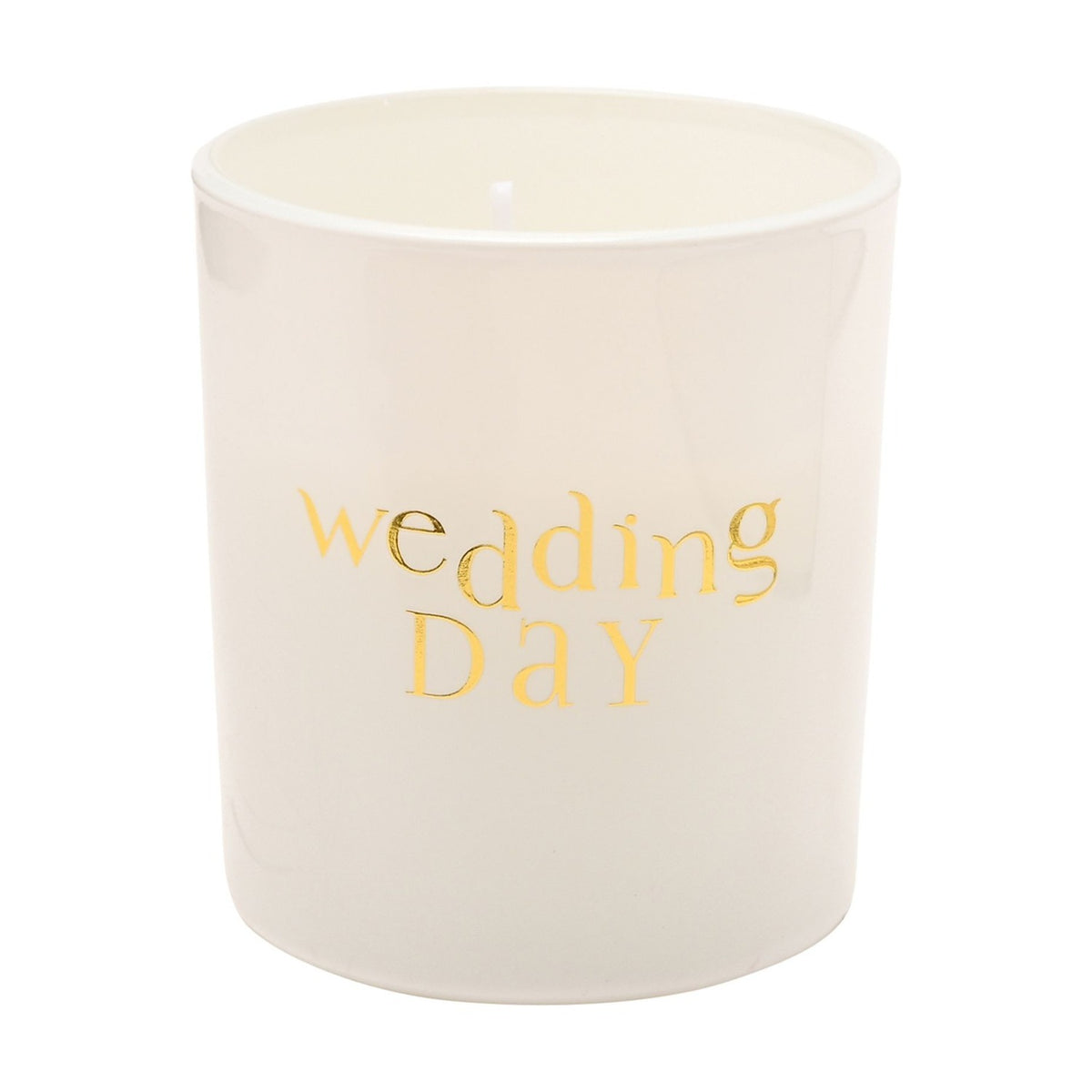 White round scented candle with glossy finish, featuring "wedding DAY" in gold lettering, single wick, 120g, shown on a plain white background.