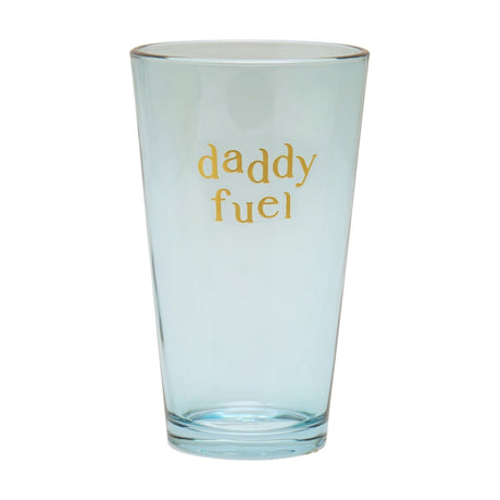 Clear glass pint-style beer glass with "daddy fuel" in gold foiled lettering, tapered pub glass shape, shown on a plain white background.