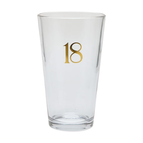 Clear tapered beer glass, 460ml, with a gold foiled number 18 on the front, shown on a plain white background.