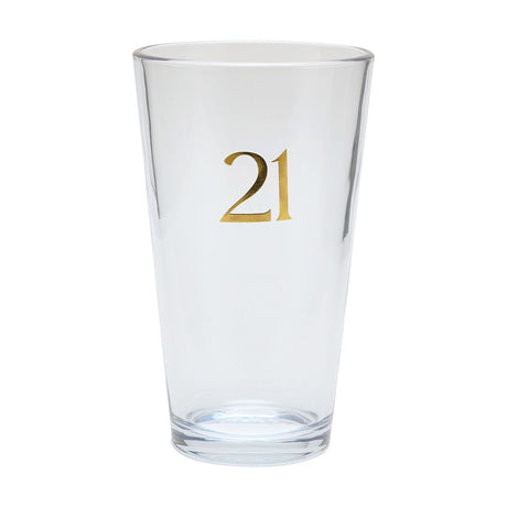 Clear tapered beer glass, 460ml, with gold foiled "21" on the front and a thick base, shown on a plain white background.