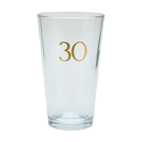 Tapered beer glass in clear glass with a pale blue tint, featuring the number 30 in gold foil, 460ml capacity, on a plain white background.