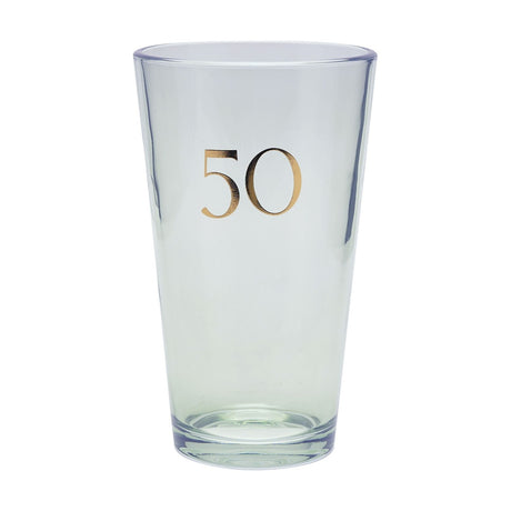 Tapered beer glass in softly green-tinted glass with a gold foil "50" in serif style on the front, 460ml capacity, shown on a plain white background.