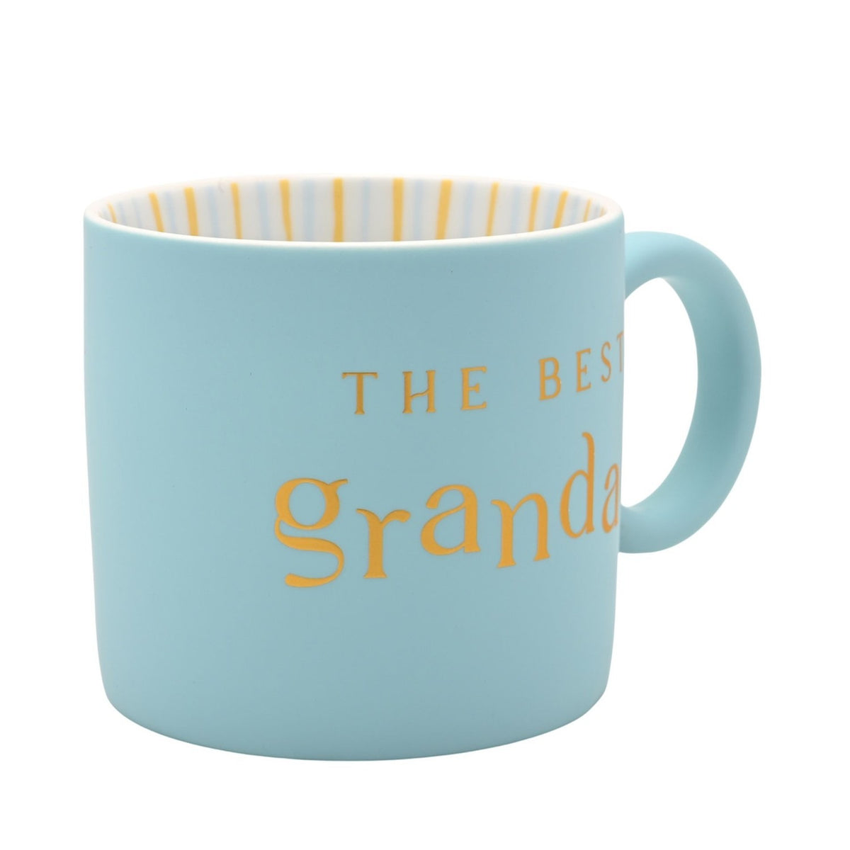 Light blue matt porcelain mug with "THE BEST grandad" lettered in gold, gold-striped white interior, C-shaped handle, shown on a plain white background.