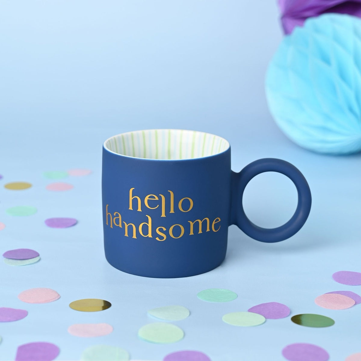 Hello Handsome Porcelain Mug with Ring Handle - Navy & Gold