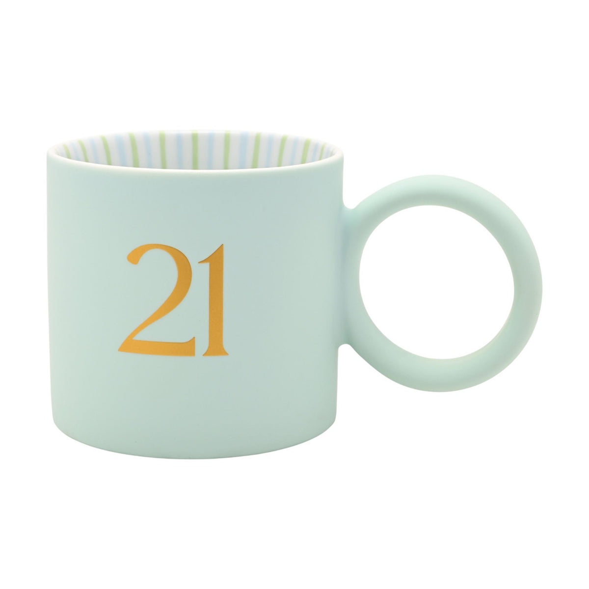 Matt porcelain mug in pale light blue with a gold serif "21" and round ring handle, striped green and blue interior, shown on a plain white background.