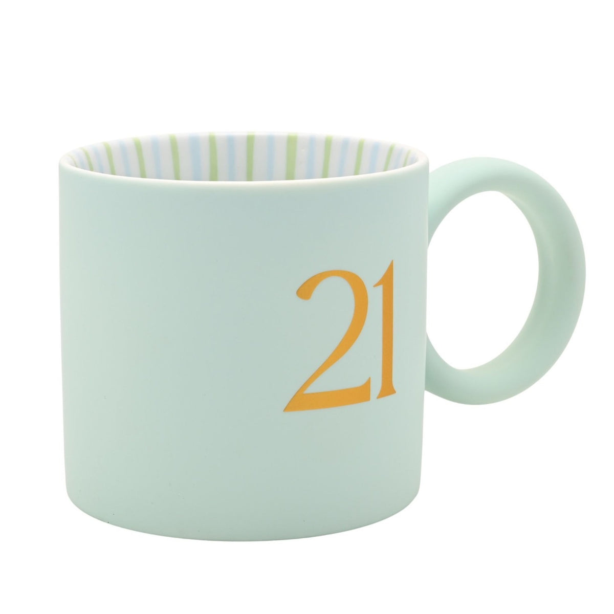 Light blue matt porcelain mug with round ring handle, featuring a gold serif "21" on the side and green and blue striped interior, shown on a white background.