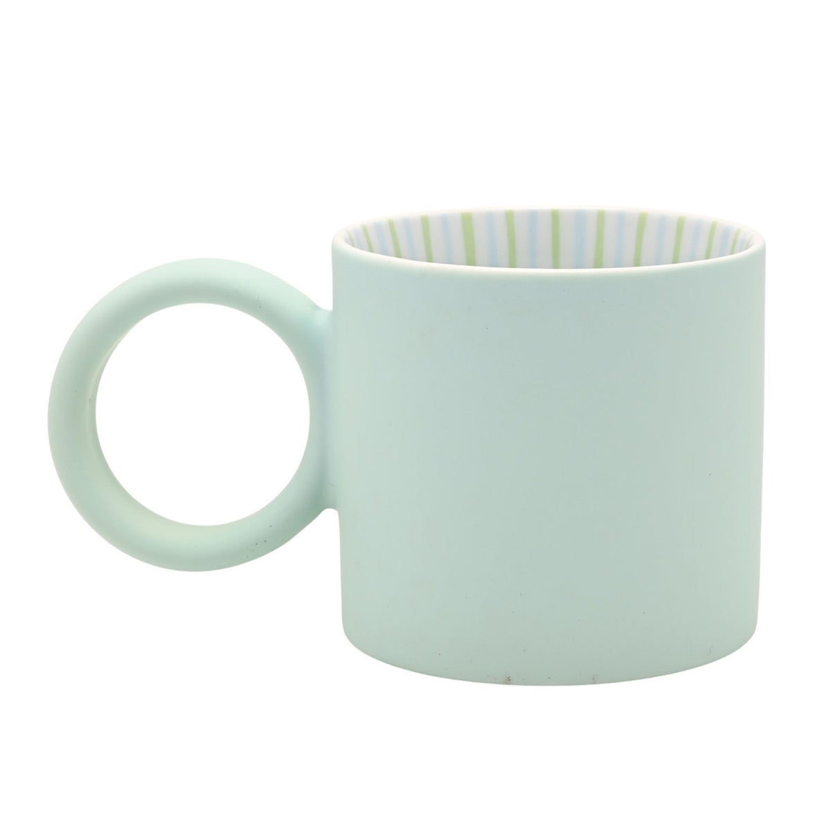 Matt porcelain mug with a round ring handle in pale light blue, showing green and blue striped interior, on a plain white background.