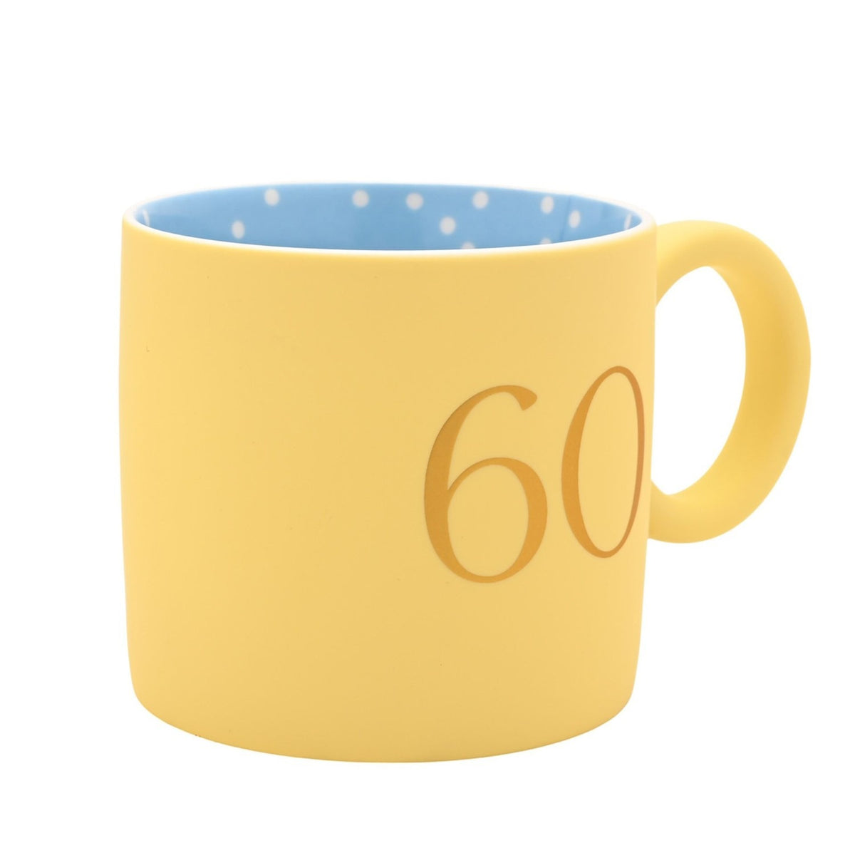 60th Birthday matt porcelain mug in pastel yellow with a gold "60" print, round ring handle, and a blue polka-dot interior, shown on a plain white background.